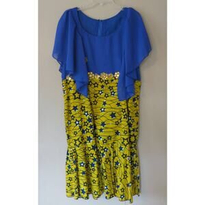 AFRICAN Handmade Ankara Dress Mid Length Short Sleeve Yellow Blue Gems Headwrap